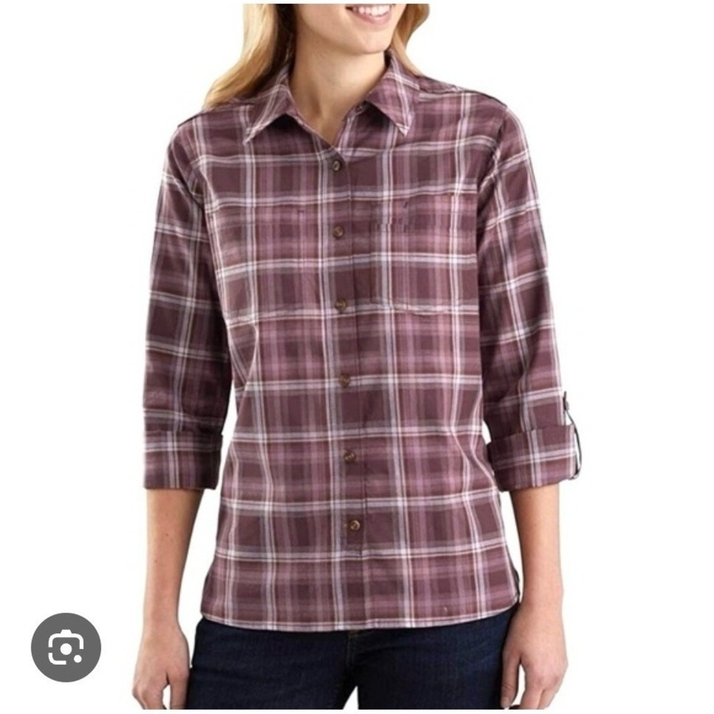 Carhartt Plaid Button Up Shirt Womens XS Purple Roll Sleeve Workwear Outdoor